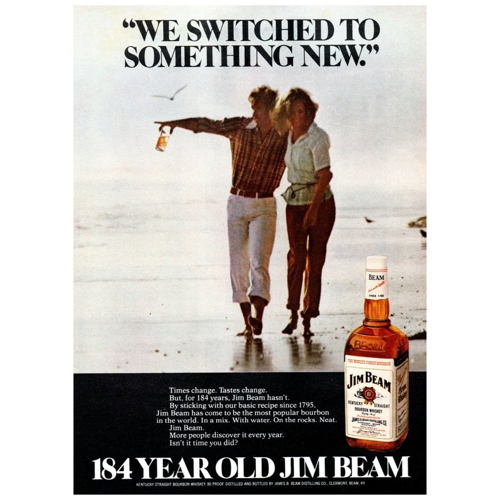 1979 Jim Beam Bourbon Vintage Print Ad Couple on Beach Seabirds Nature Wall Art